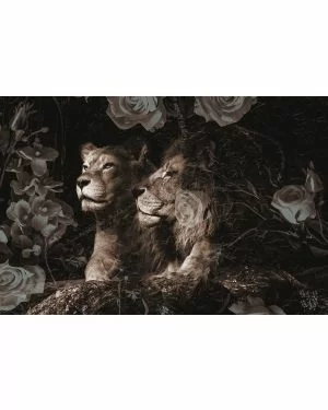 Fotokunst schilderij bloemen en leeuwen