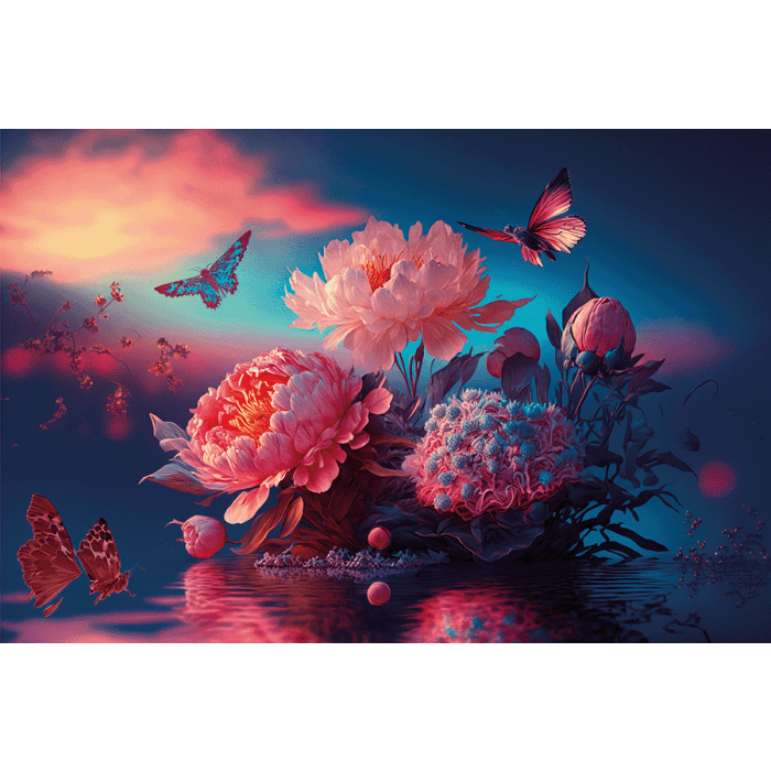 Bloemen Schilderijen: Fotokunst schilderij vlinders bloemen