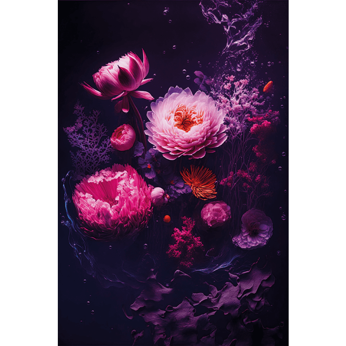 Bloemen Schilderijen: Fotokunst schilderij magenta  water bloemen