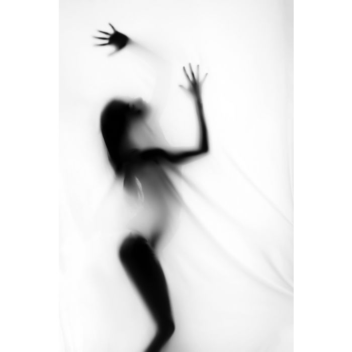 Figuratieve Schilderijen: Zwart wit foto kunst schilderij sexy curtain lady