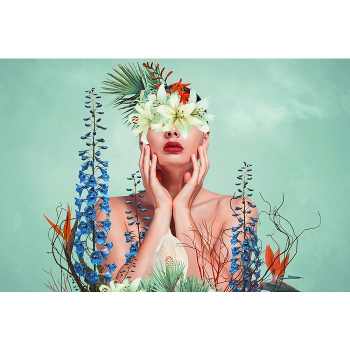 Glas schilderijen: Fotokunst schilderij woman with flowers