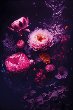 Fotokunst schilderij magenta water bloemen